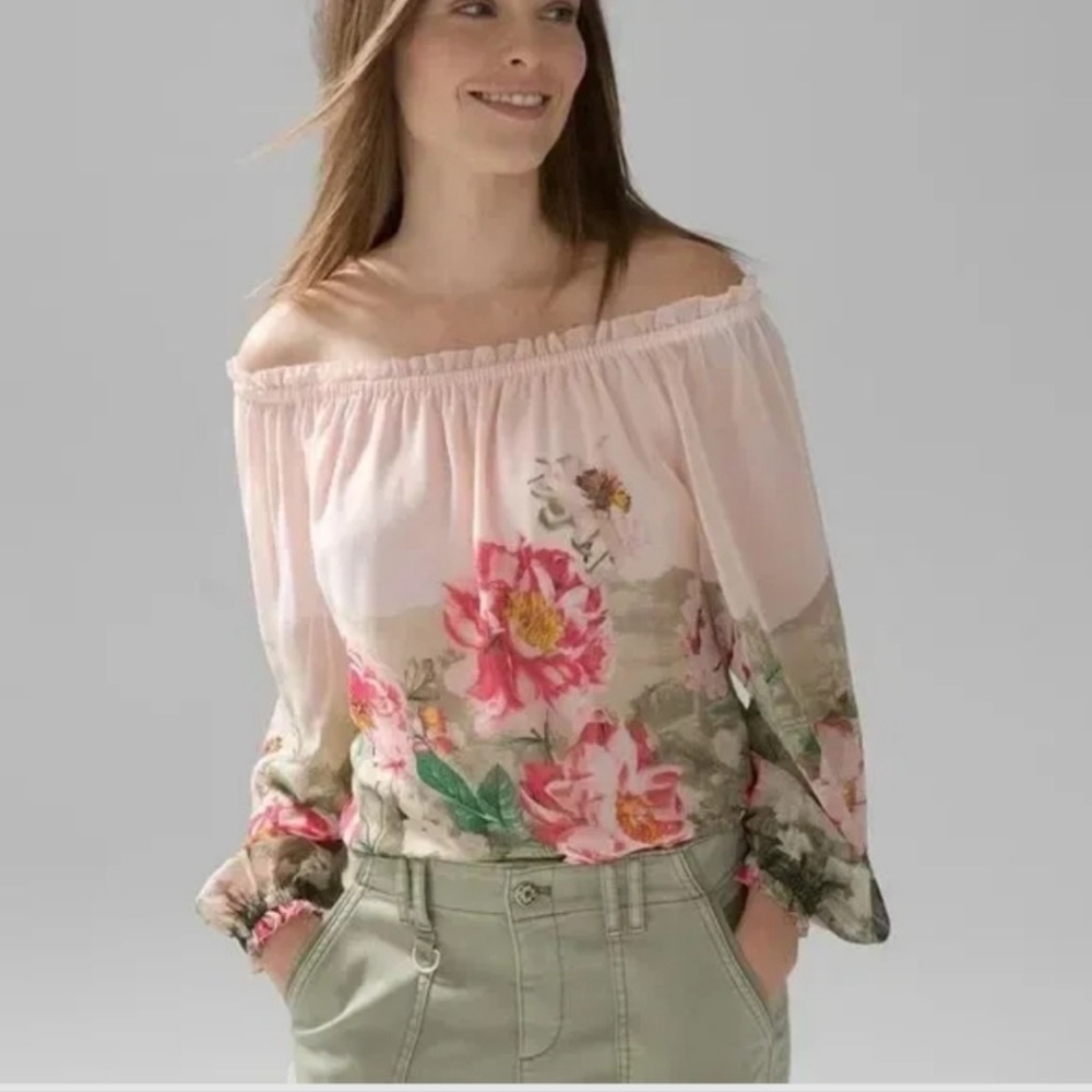 White House Black Market WHBM Off Shoulder Pink Floral Peony Blouse L NWT